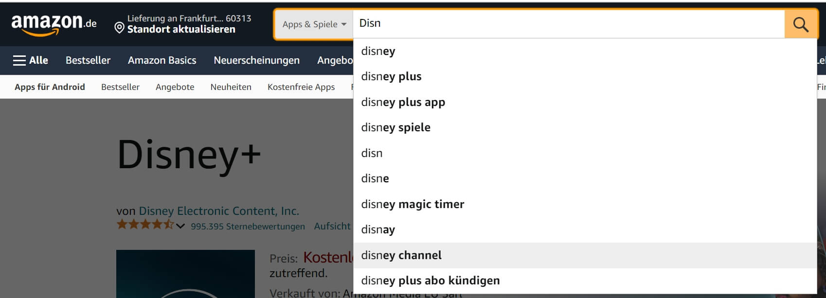 Amazon Suchleiste mit Eingabe „Disney Plus“