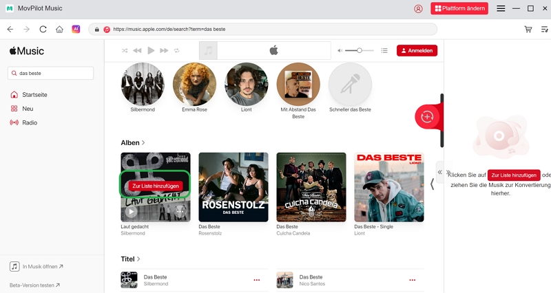 Mit MovPilot Apple Music Converter songs herunterladen -schritt 2
