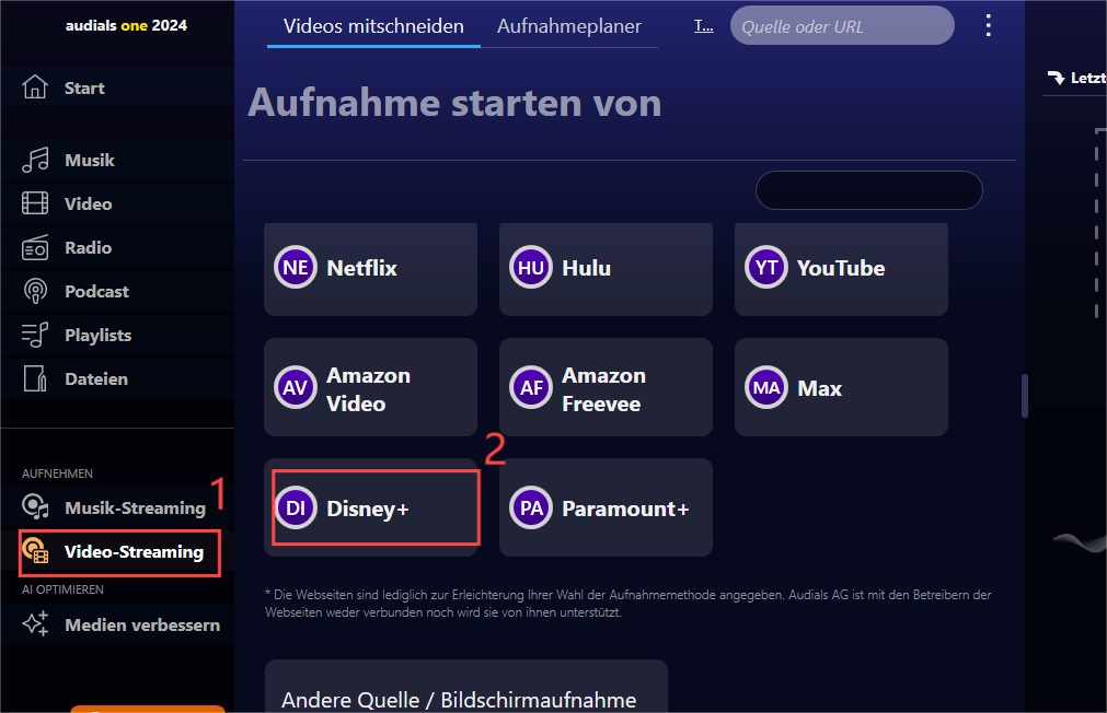 Audials One starten und Disney Plus wählen