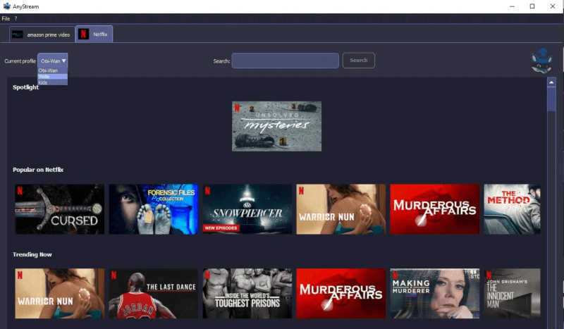 Auf AnyStream nach Filme suchen