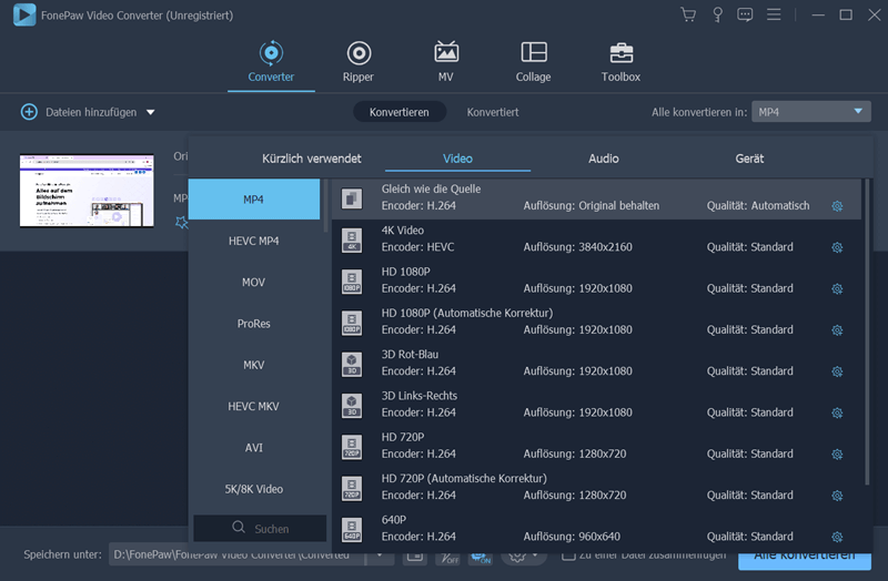 Ausgabeformat auswählen mit FonePaw