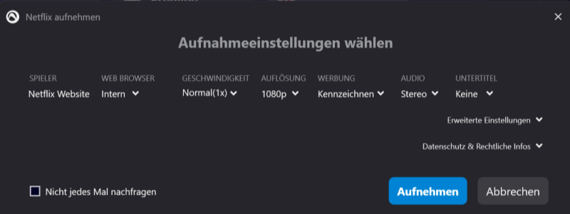 Einstellungen bei Audials Movie