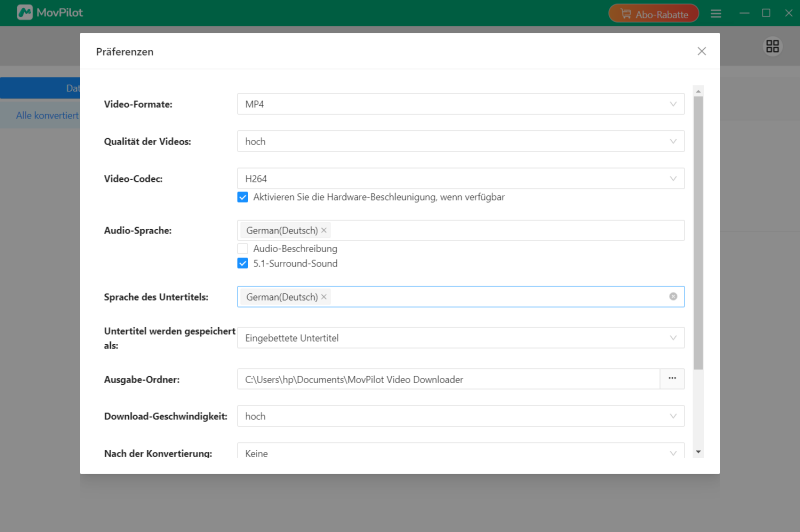 Einstellungen von MovPilot All-in-One Video Downloader