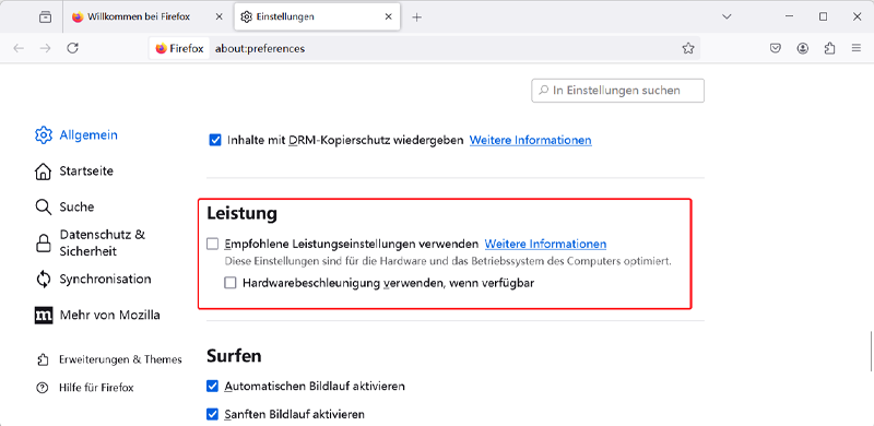 Firefox Hardwarebeschleunigung deaktivieren