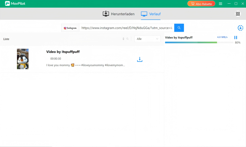 Instagram Video Download-progress beim Movpilot