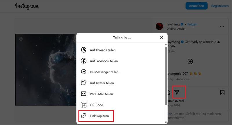 Instagram Video Link kopieren in Safari