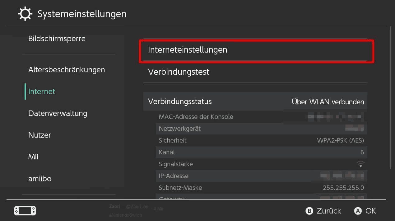 Interneteinstellungen auf Switch finden