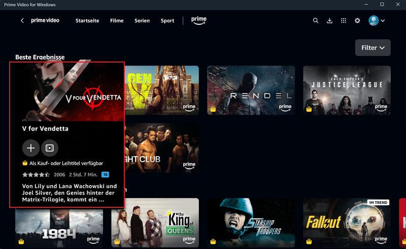 Klicken auf das Amazon Prime Video zum Downloaden