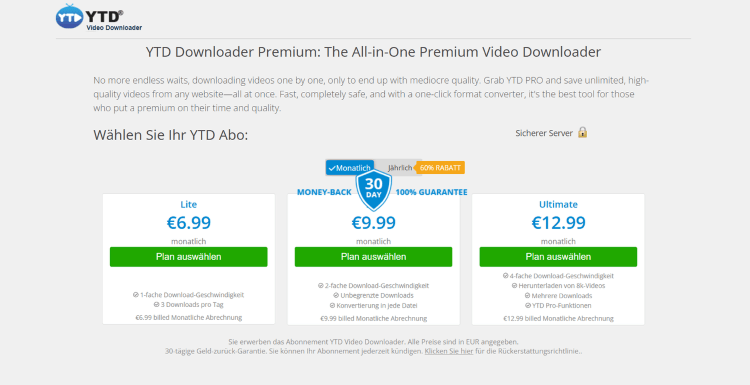 Kostenpflichtige Pläne von YTD Video Downloader
