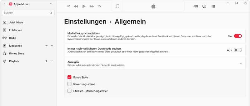 Mediathek synchronisieren-Option auf Windows