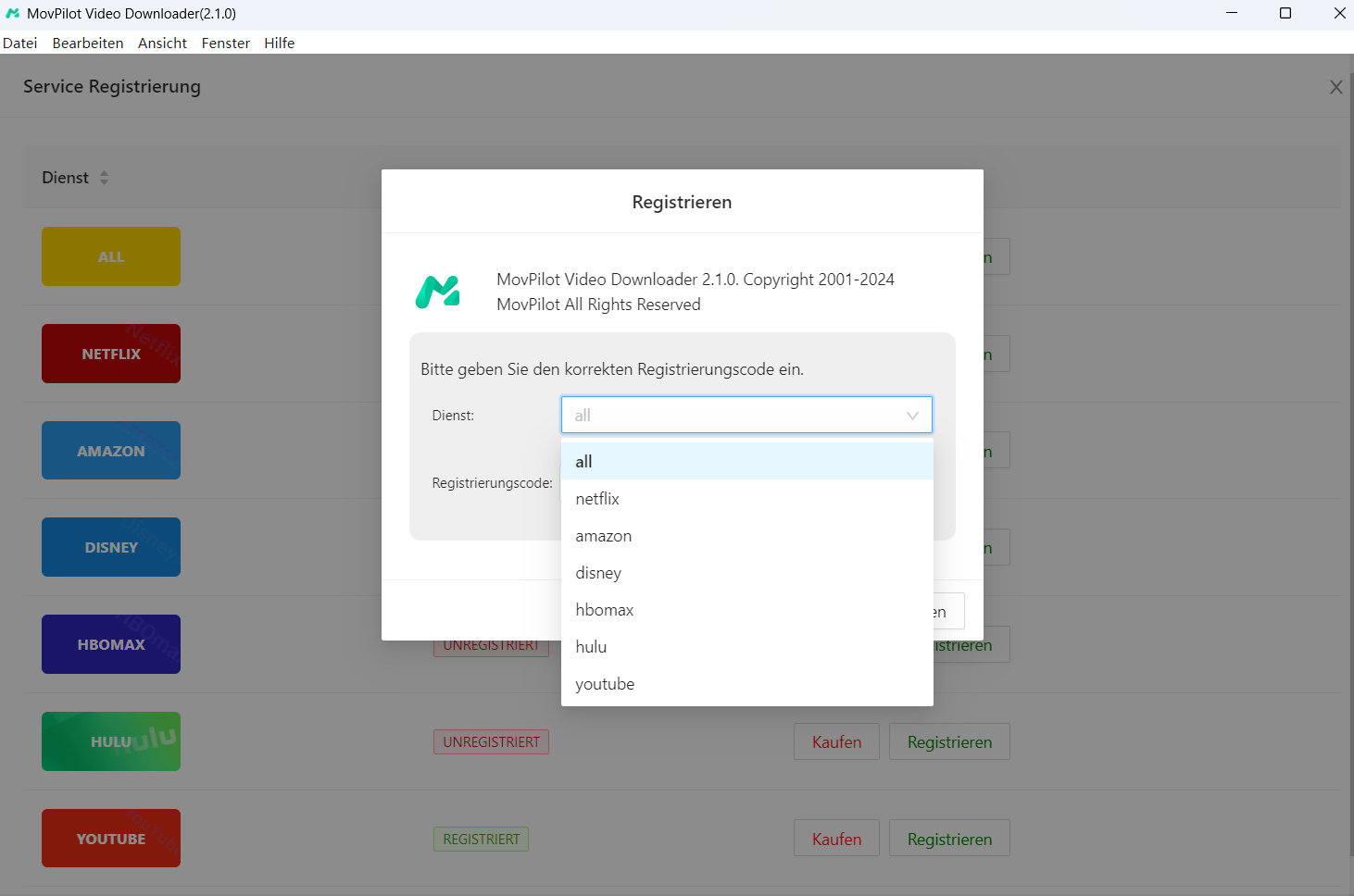 Registrierungscode eingeben