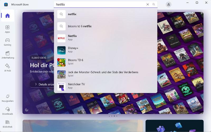 Nach Netflix App im Microsoft Store suchen