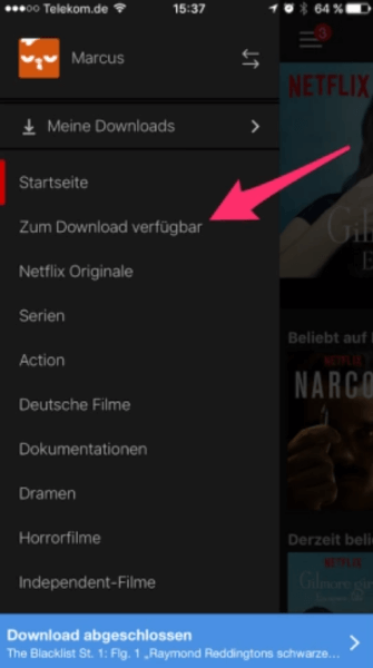 Zum Download verfügbar Funktion von Netflix