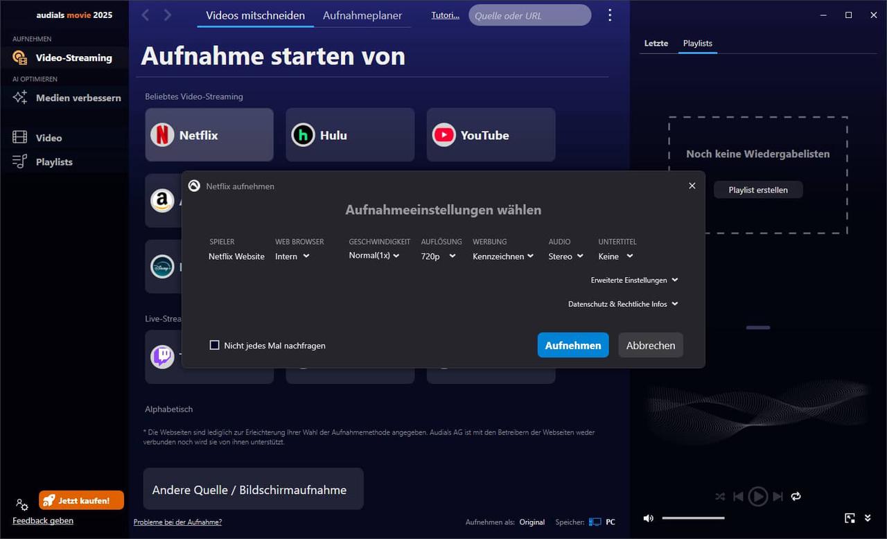 Netflix in Audials öffnen