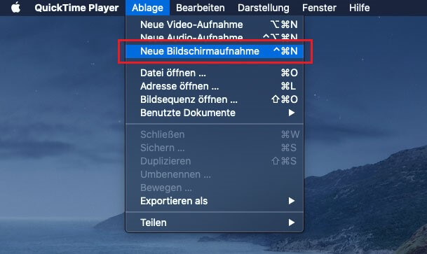 Neue Bildschirmaufnahme in Quick Time Player