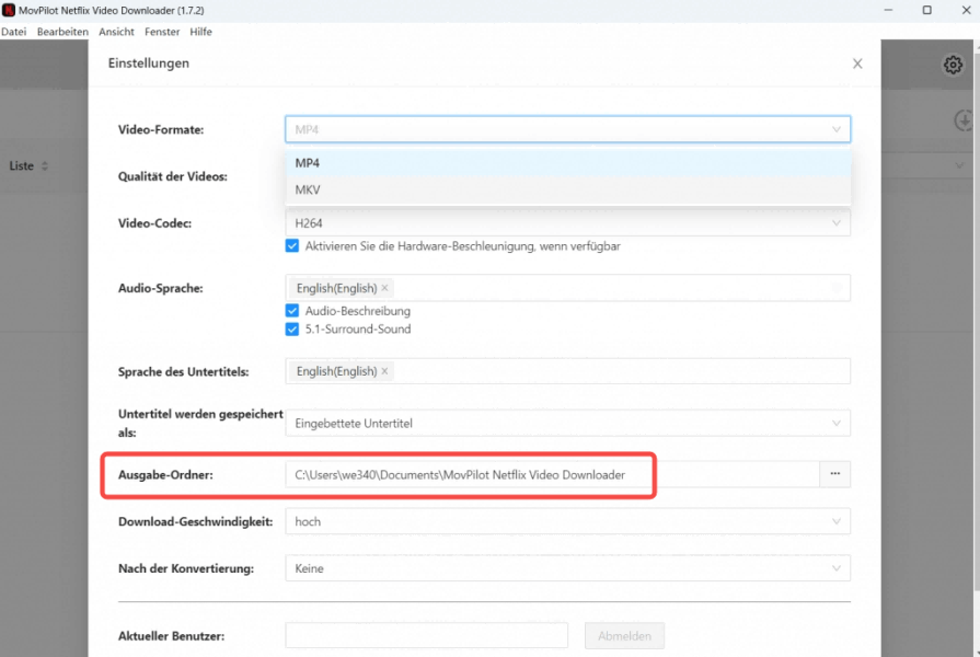 Netflix Downloader Ausgabe-Ordner ändern
