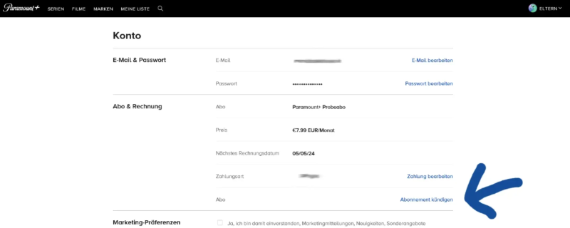 Paramount Abonnement kündigen auf Desktop
