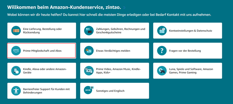 prime mitgliedschaft mit kundenservice beenden - schritt 1