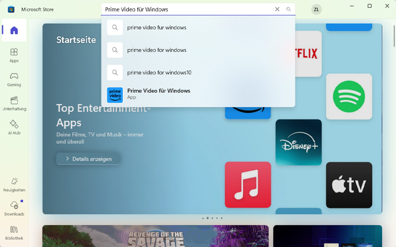Prime Video App in Windows PC suchen