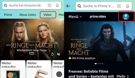 Prime Video bei Amazon App öffnen und auf Amazon Konto klicken