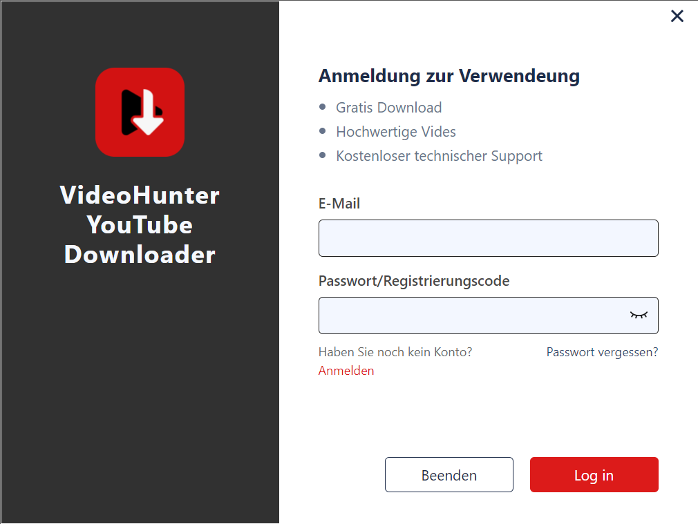 Registrieren oder bei Ihrem VideoHunter-Konto anmelden
