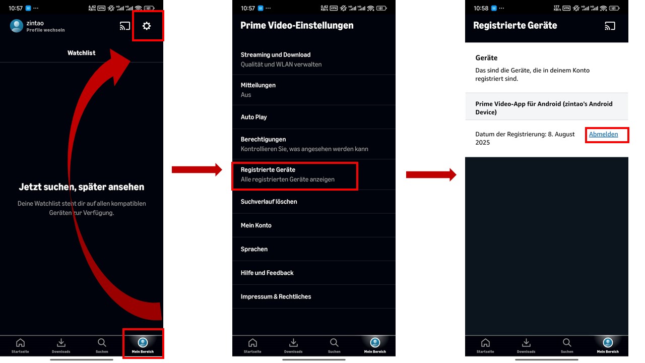 In der App konto abmelden