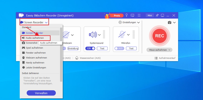 Audio aufnehmen auswählen