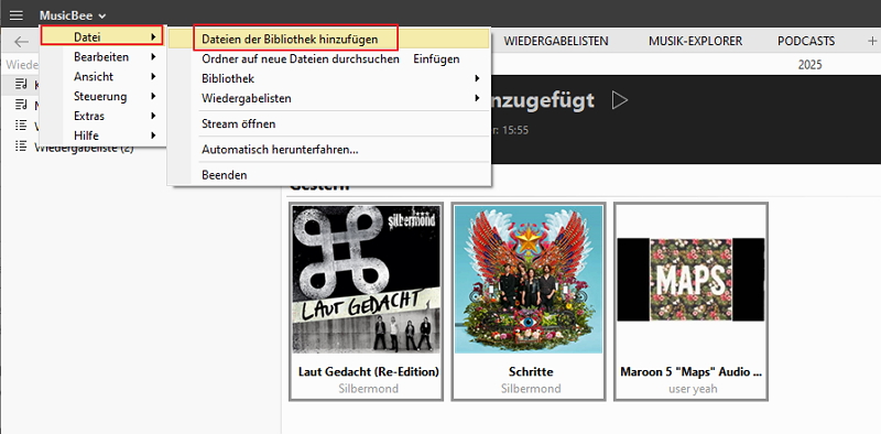 Songs und Playlists in Player importieren - schritt 1