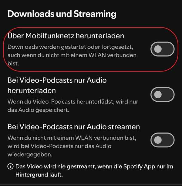 Über Mobilfunknetz herunterladen aktivieren