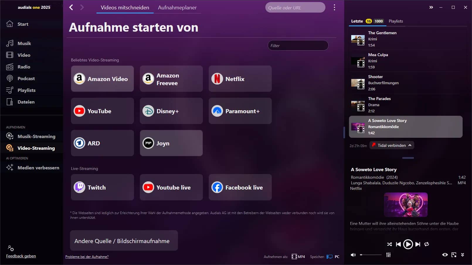 Startseite von Audials Movie 2025
