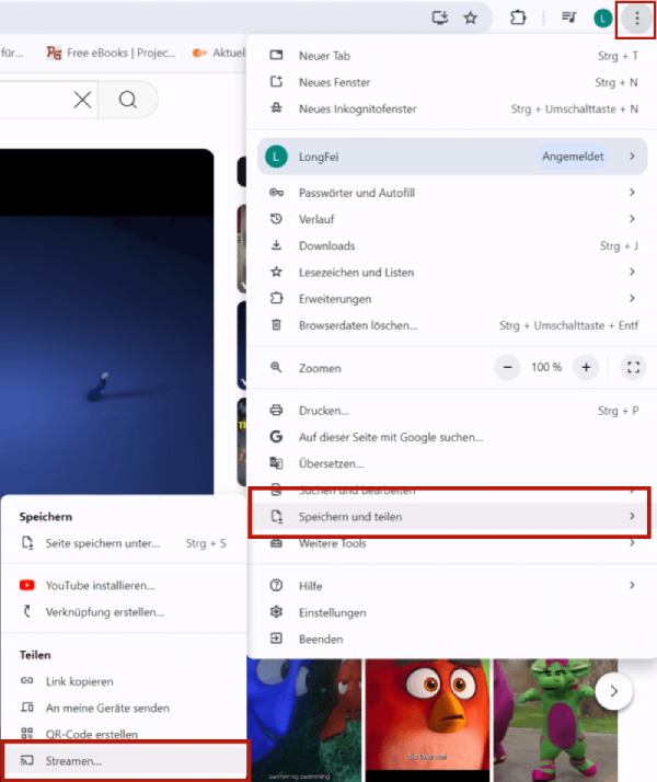  „Streamen“ unter „Speichern und Teilen“ auf Chrome
