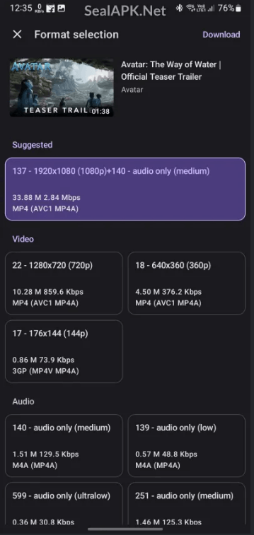 Videoqualität und das gewünschte Format auswählen