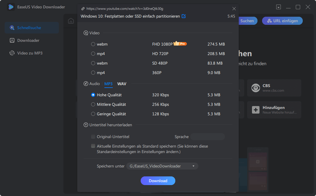 Videoqualität und -format auswählen